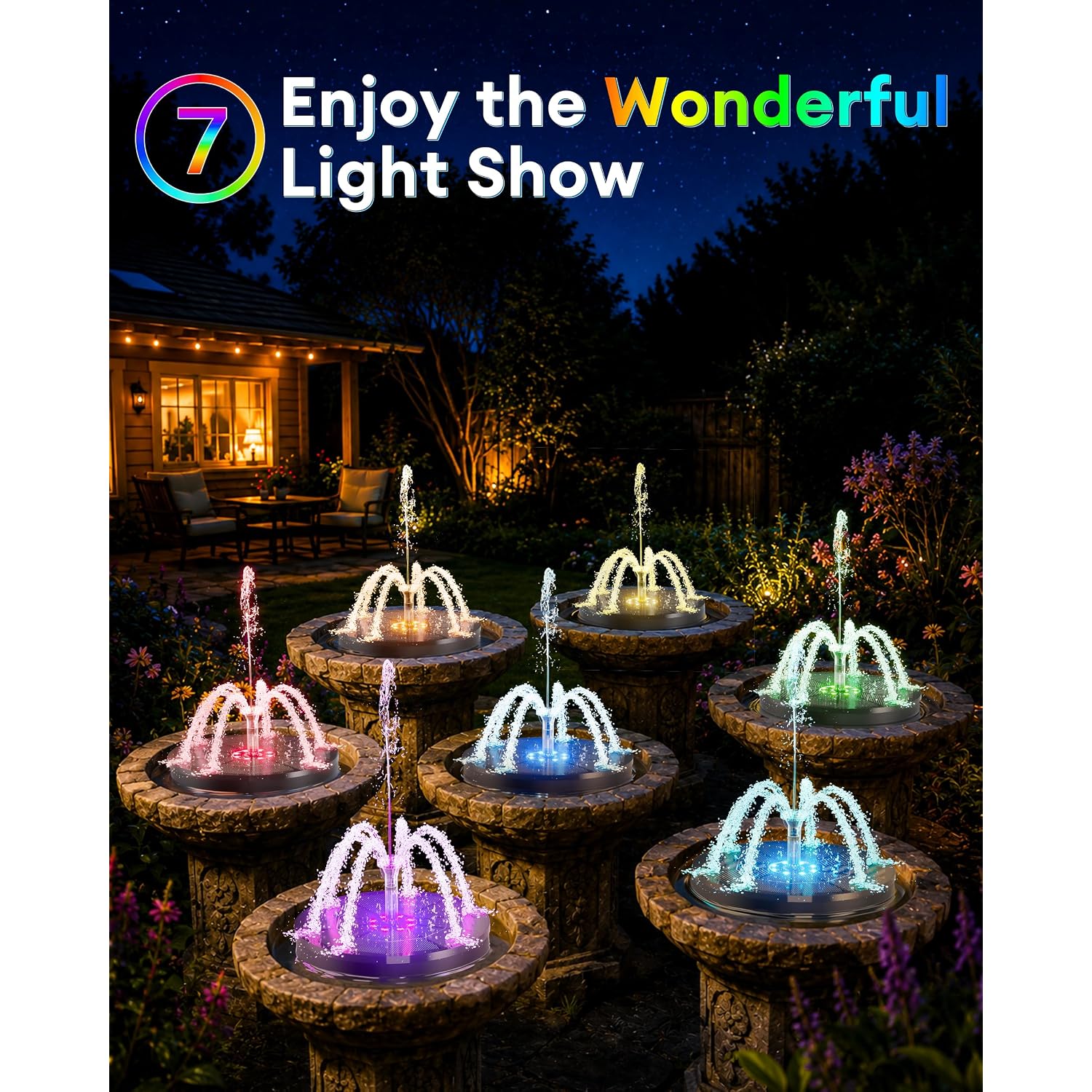 3.5W Solar Fountain,Upgraded 100% Glass Panel Solar Bird Bath Fountain With 2000Mah Battery,7 Color Rgb Led Lights & 6 Nozzles,Solar Fountain For Bird Bath,Garden, Pond, Pool, Outdoor Decor(Black)