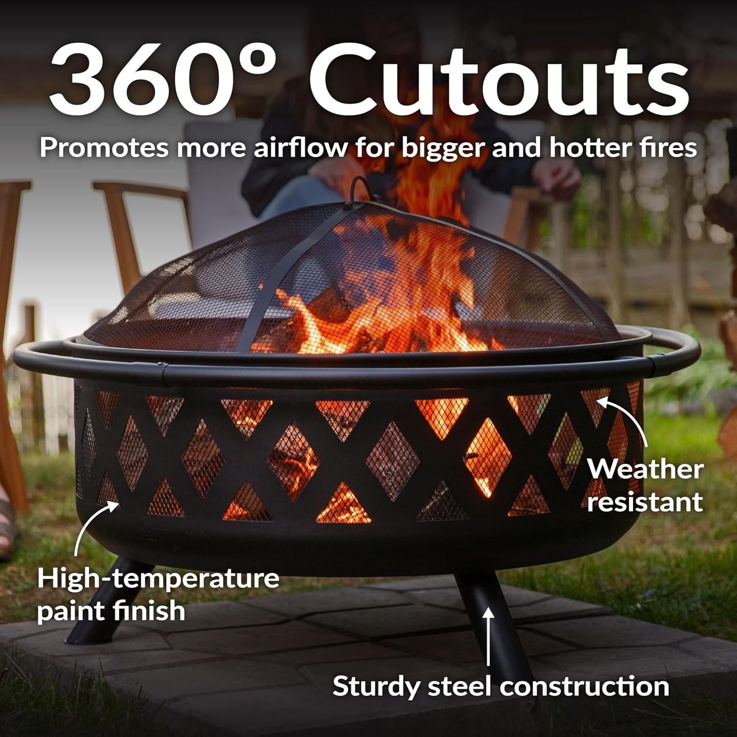 Sunnydaze Crossweave Large Outdoor Fire Pit, Wood Burning, Round, 36" | Black, Heavy Duty Steel Metal, Patio Fire Pit With Spark Screen, Poker, & Cover, Wood Firepit For Outside, Backyard, Or Deck