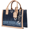 True Religion Denim Tote Bag, Bombe Logo Shoulder Carryall with Horseshoe Hardware and Strap Hand Bag, Dark Denim