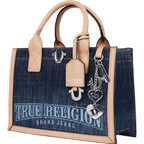 True Religion Denim Tote Bag, Bombe Logo Shoulder Carryall with Horseshoe Hardware and Strap Hand Bag, Dark Denim