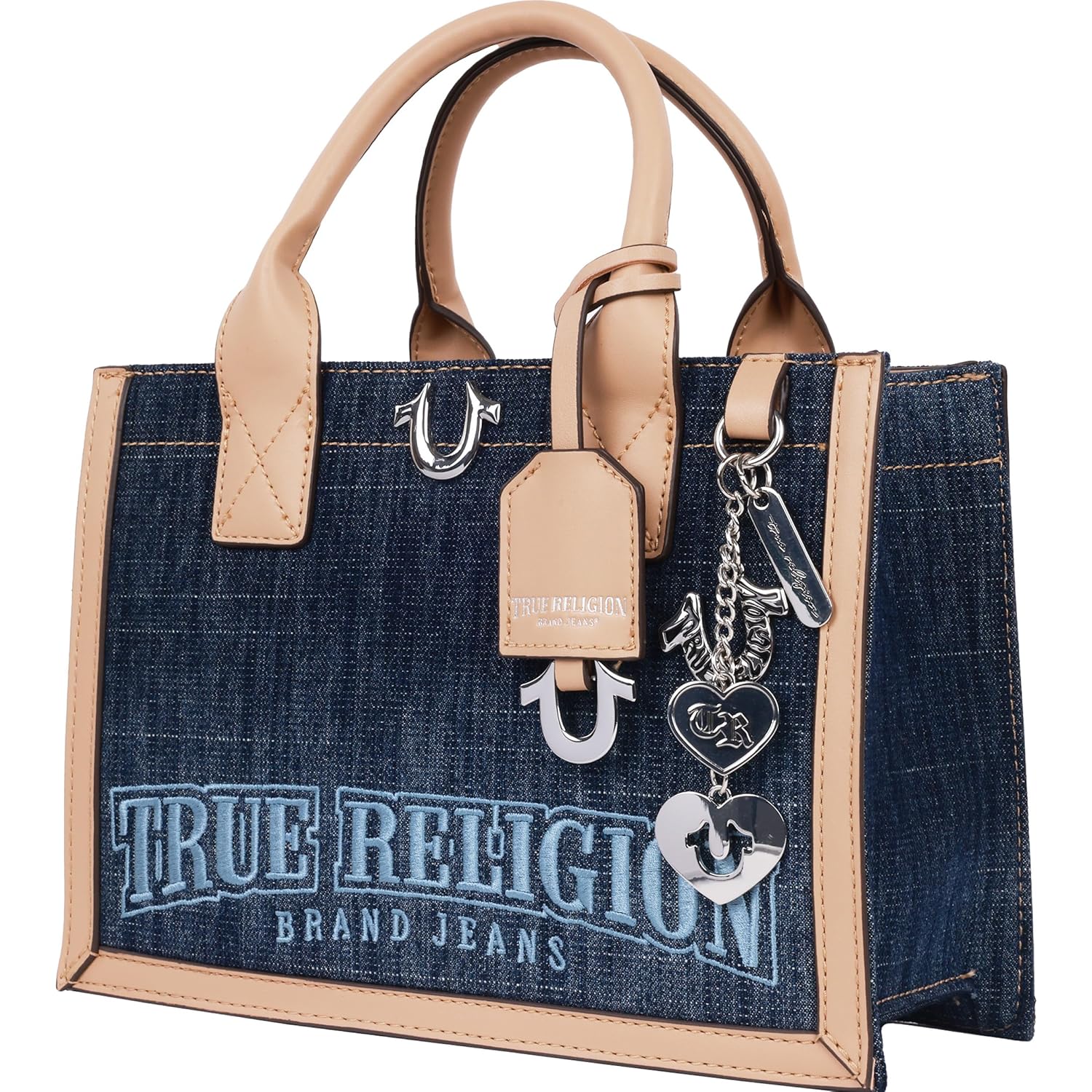 True Religion Denim Tote Bag, Bombe Logo Shoulder Carryall with Horseshoe Hardware and Strap Hand Bag, Dark Denim
