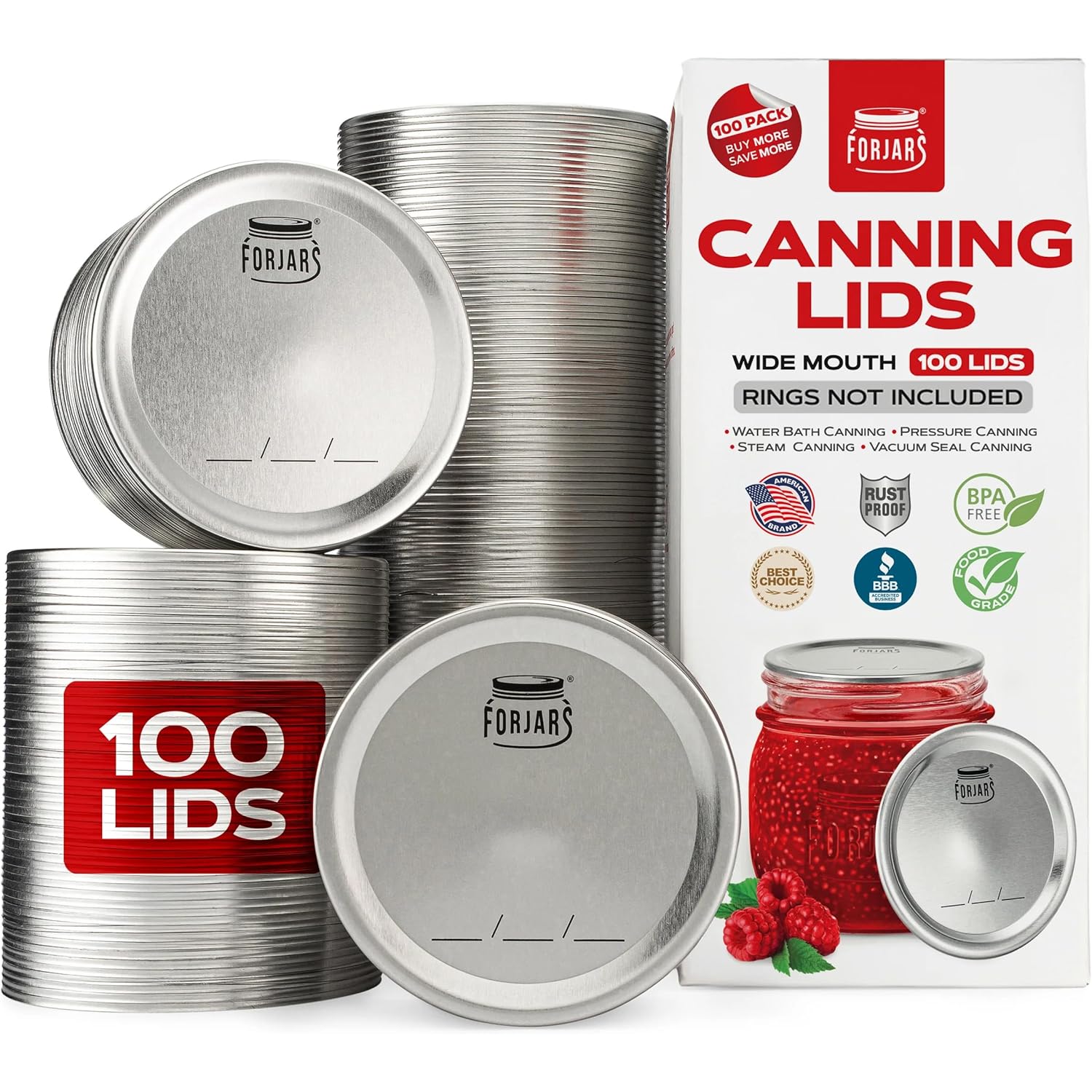 FORJARS - Wide Mouth Canning Lids, 100-Pack – Create Airtight Seals on Mason Jars to Preserve Food for Meal Prep & Emergency Food Storage – 3.4 In. Metal Lids with Silicone Seals – Canning Supplies