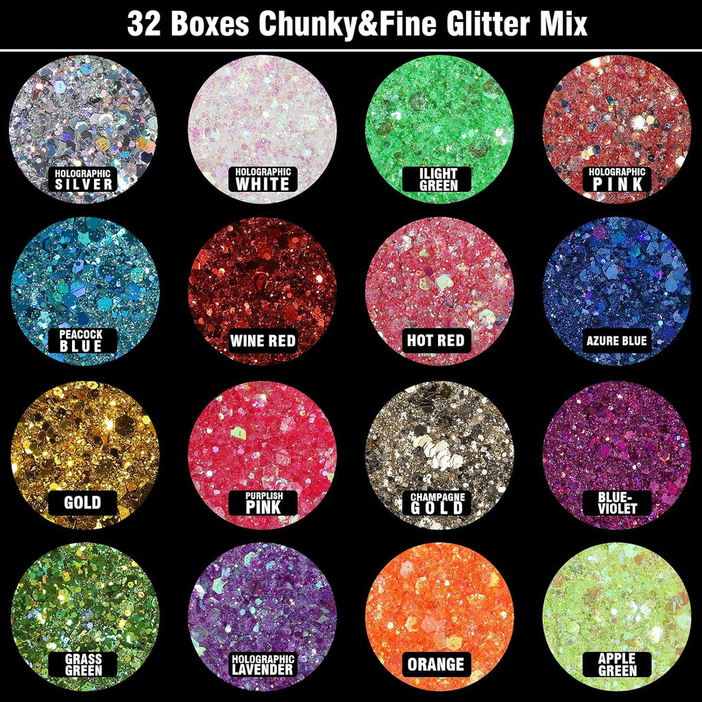 Festival Chunky And Fine Glitter Powder Mix, Teenitor 32 Colors Chunky Sequins, Iridescent Glitter Flakes, Cosmetic Face Body Eye Hair Nail Art Resin Tumbler Loose Glitter