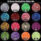 Festival Chunky And Fine Glitter Powder Mix, Teenitor 32 Colors Chunky Sequins, Iridescent Glitter Flakes, Cosmetic Face Body Eye Hair Nail Art Resin Tumbler Loose Glitter