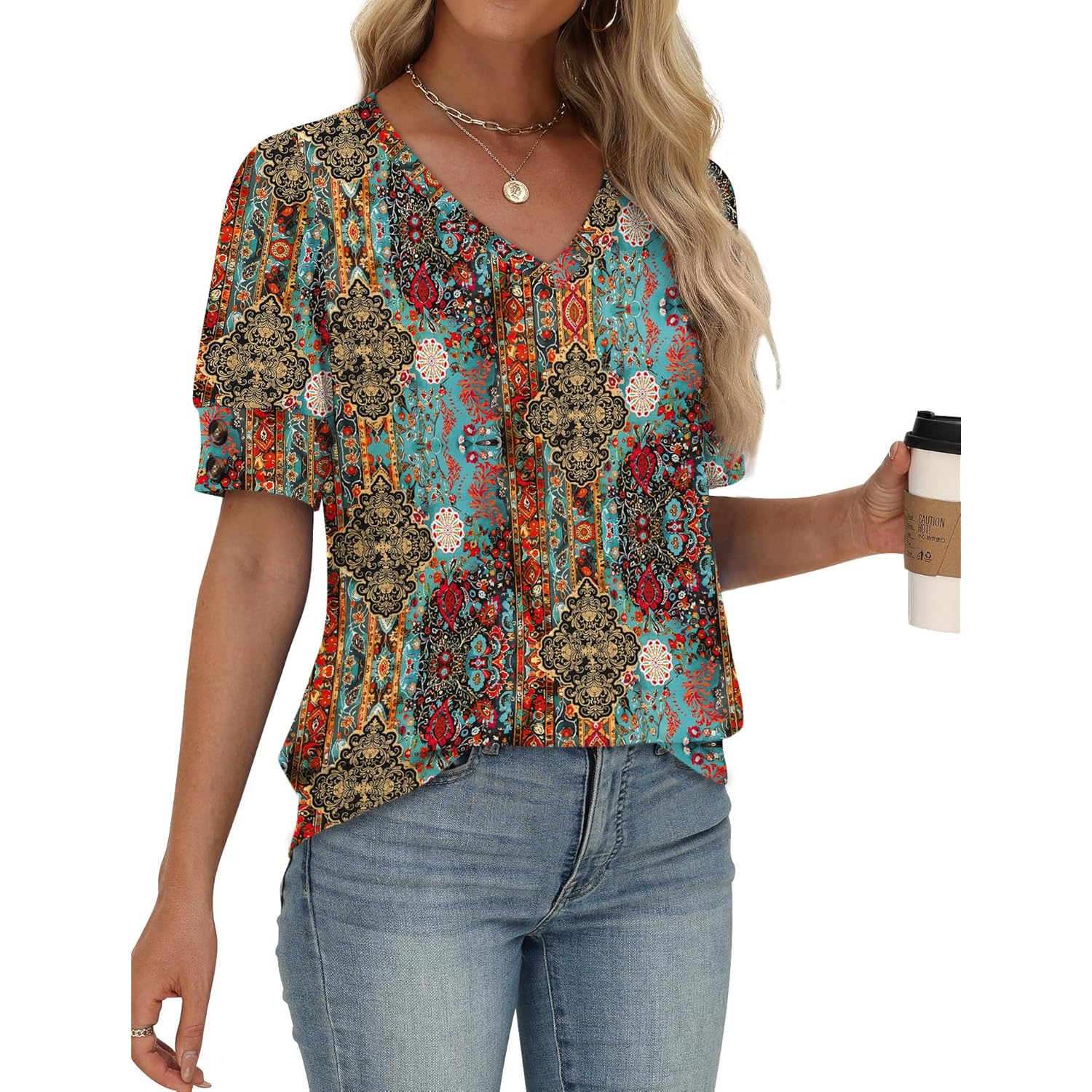 Womens Tops Short Sleeve Shirts Buttons V Neck Spring Fashion Summer Outfits Plus Size Blouses Dressy Casual