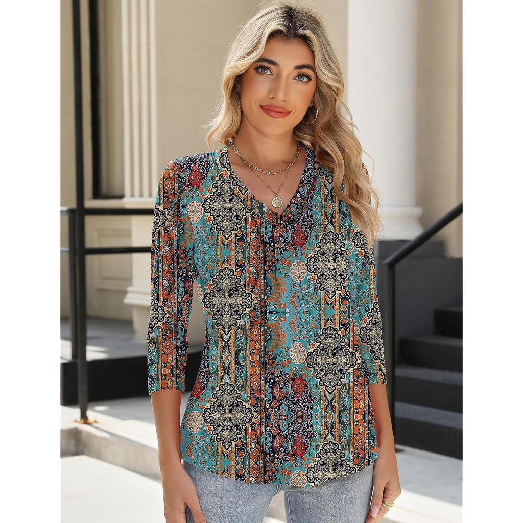AKEWEI Women's 3/4 Length Sleeve Boho Tops V Neck Casual Vacation Clothes Loose Fit Tunic Shirts S-2XL