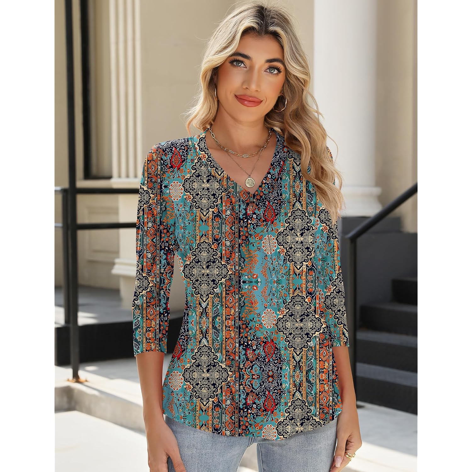 AKEWEI Women's 3/4 Length Sleeve Boho Tops V Neck Casual Vacation Clothes Loose Fit Tunic Shirts S-2XL