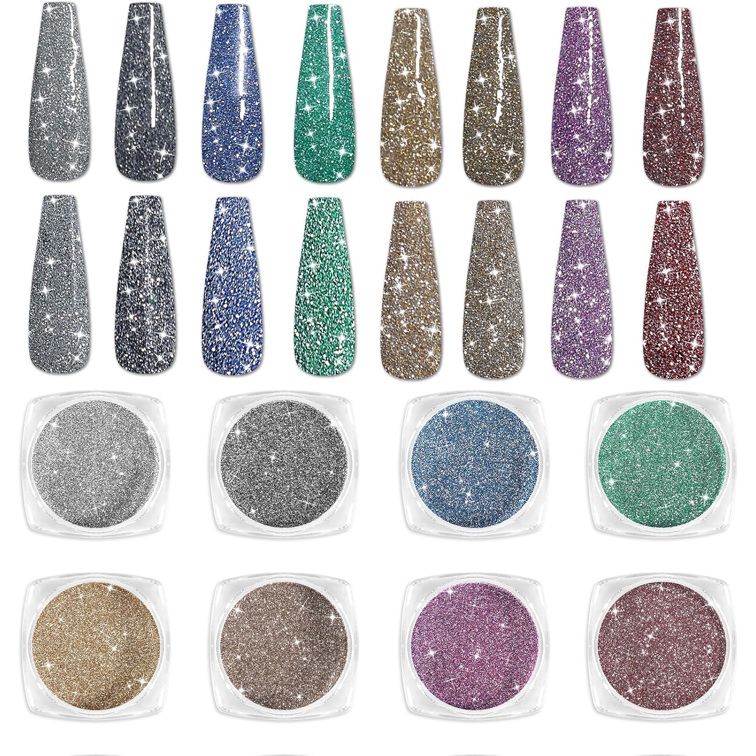 Laza 8 Colors Korea Diamond Nail Powder Sparkling Crystal Glitter Holographic Nail Glitter Dust Laser Silver Mirror Effect Bright Shining Flakes for Acrylic Nails Polish Nail Art DIY Decoration