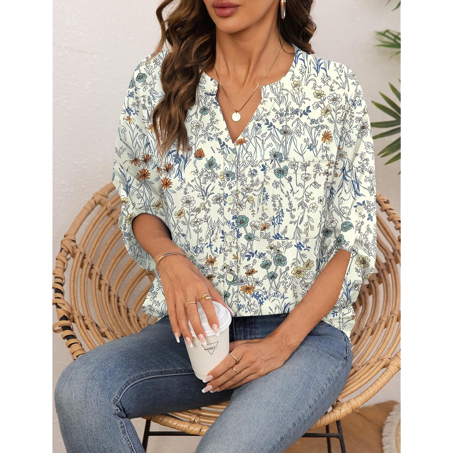 LOMON Women's Button Down Shirts 3/4 Length Sleeve Tops Casual Work Shirt with Pocket S-XXL