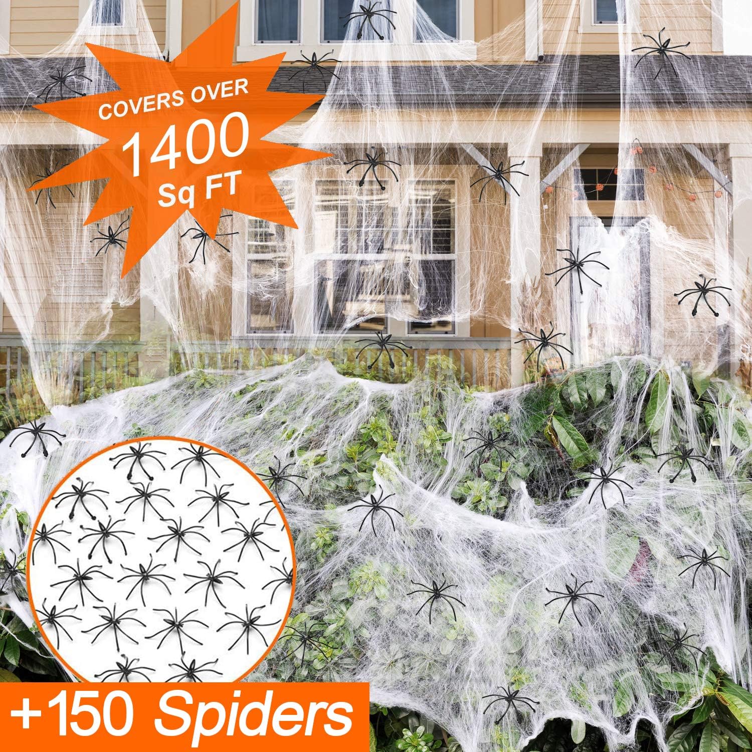 Zpisf 1400 Sqft Halloween Spider Webs Decorations With 150 Extra Fake Spiders, Super Stretchy Cobwebs For Halloween Decor Indoor And Outdoor