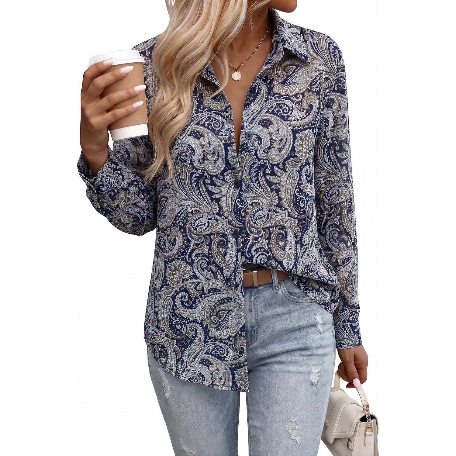 Button Down Shirts for Women Dressy Casual Floral Printed Collared Chiffon Blouse Long Sleeve Business Work Tops