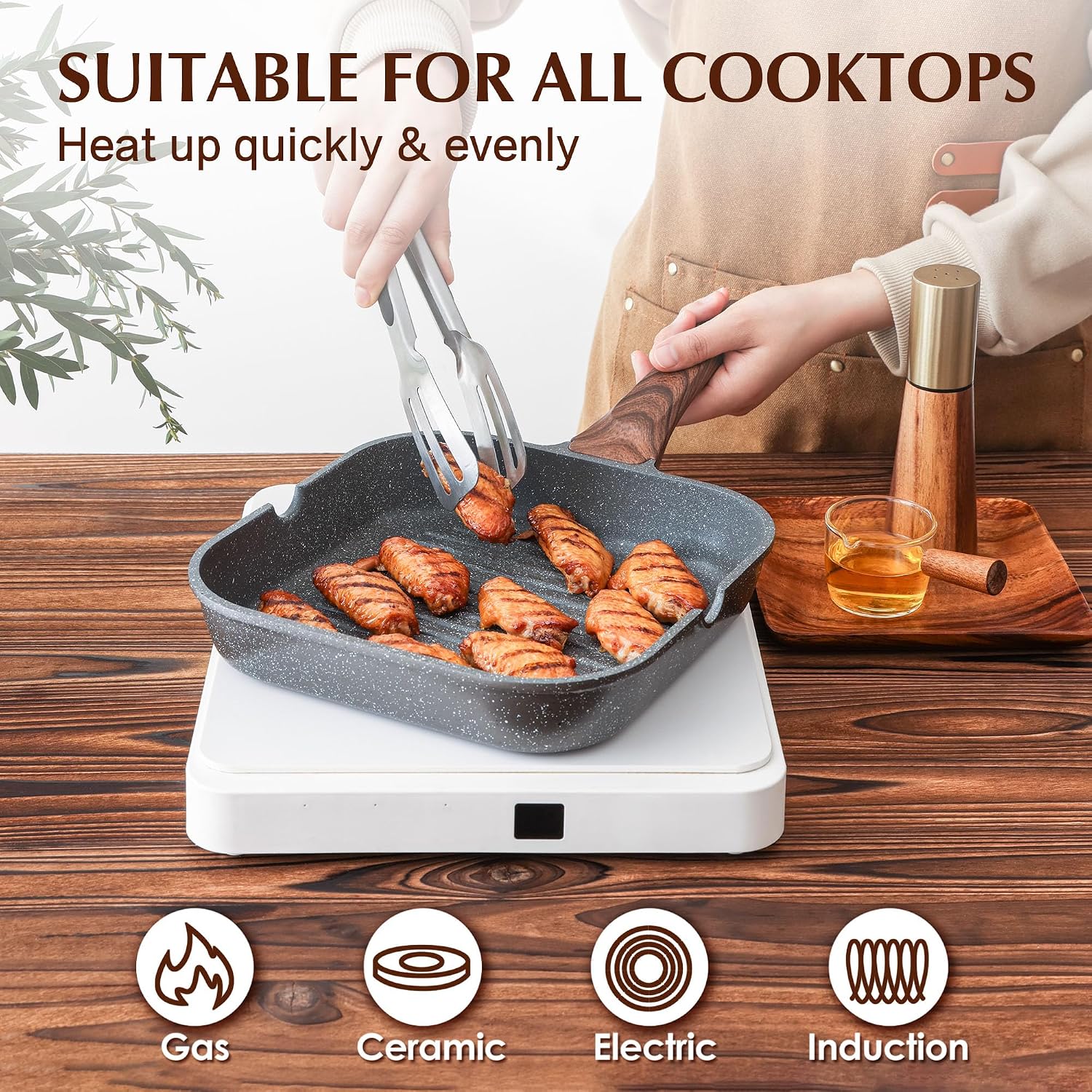Sensarte Nonstick Grill Pan For Stove Tops, Versatile Griddle With Pour Spouts, Square Big Cooking Surface, Durable Skillet Indoor & Outdoor Grilling. Pfoa Free, 9.5 Inch