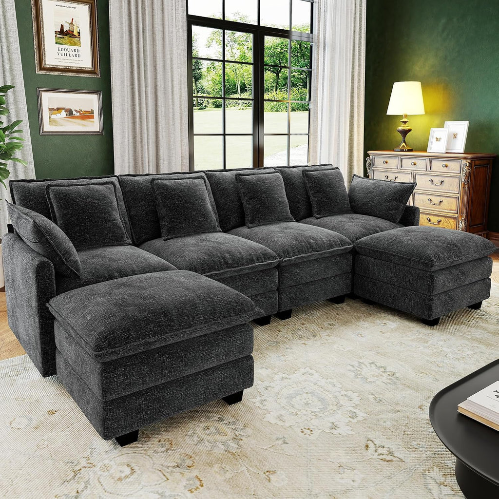 107" Cloud Couch Sectional, U Shaped Modular Sectional Sofa, 4-Seat Deep Seat Couch With 6 Removable Washable Pillows And 2 Ottoman For Living Room, Bedroom, Apartment, Black Grey