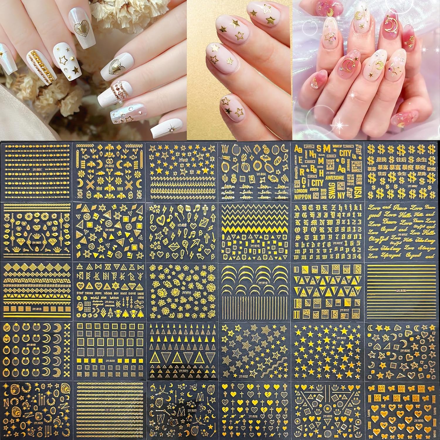 90 Sheets Gold Nail Art Stickers: Star Heart Flower Line, 3D Self-Adhesive Nail Decals for Women's Nail Decoration with Tweezer