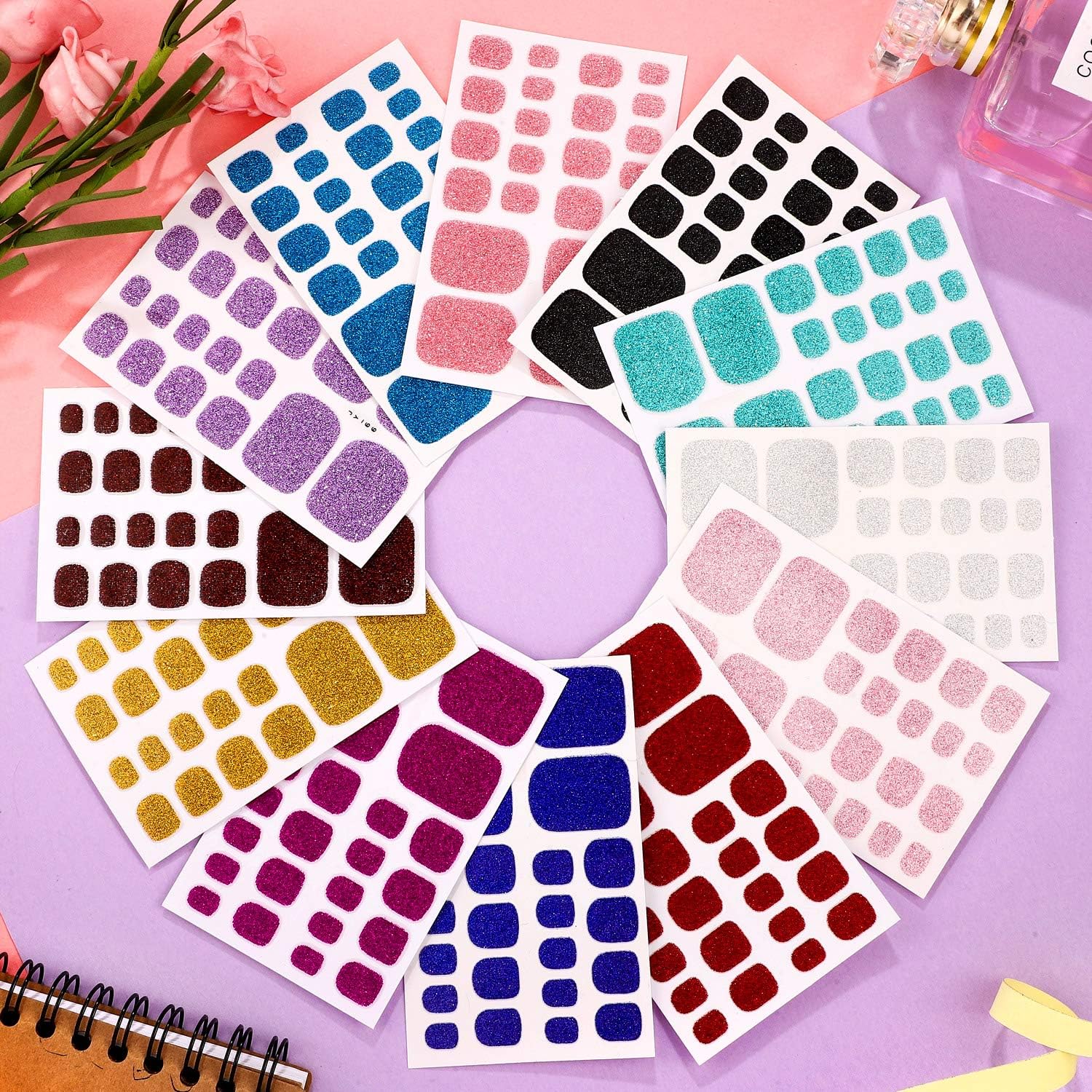 12 Sheets Glitter Toe Nail Wraps Self-Adhesive Toe Nail Polish Stickers Solid Color Nail Art Decals Strips Glittery Manicure Kit with 12 Styles and 2 Pieces Nail Files for Women Girls