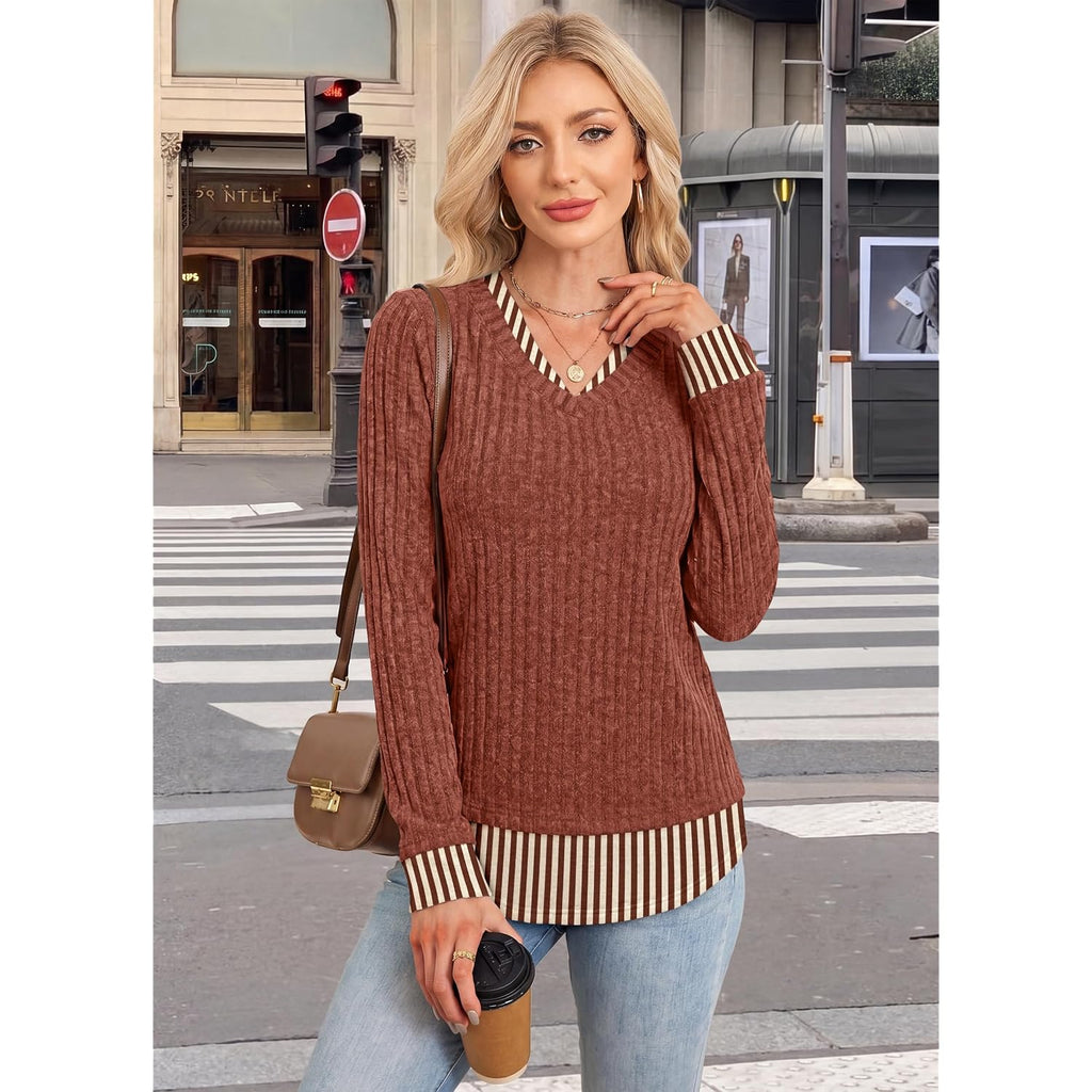 WIHOLL Womens Long Sleeve Shirts Lightweight Tunic Sweaters | 2-in-1 layered look, loose fit, tunic length, dressy casual, school teacher outfits, work to weekend, fall winter fashion