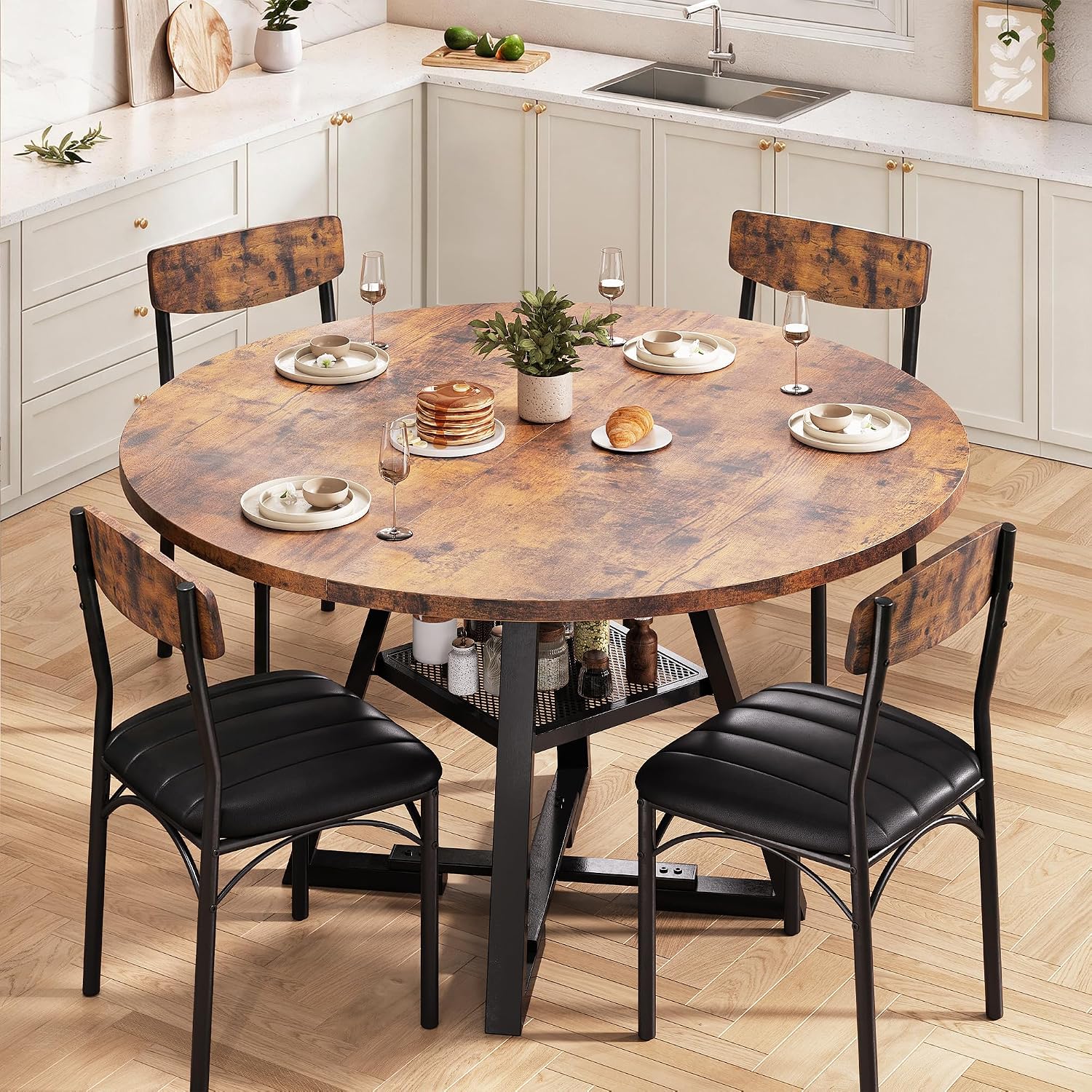 Dining Table Set For 4,Kitchen Table And Chairs For 4, Round Dining Room Table With Upholstered Chairs, 5 Piece Space Saving Circle Wood Kitchen & Dining Room Dinner Dinette Table Set (Vintage, 42In)