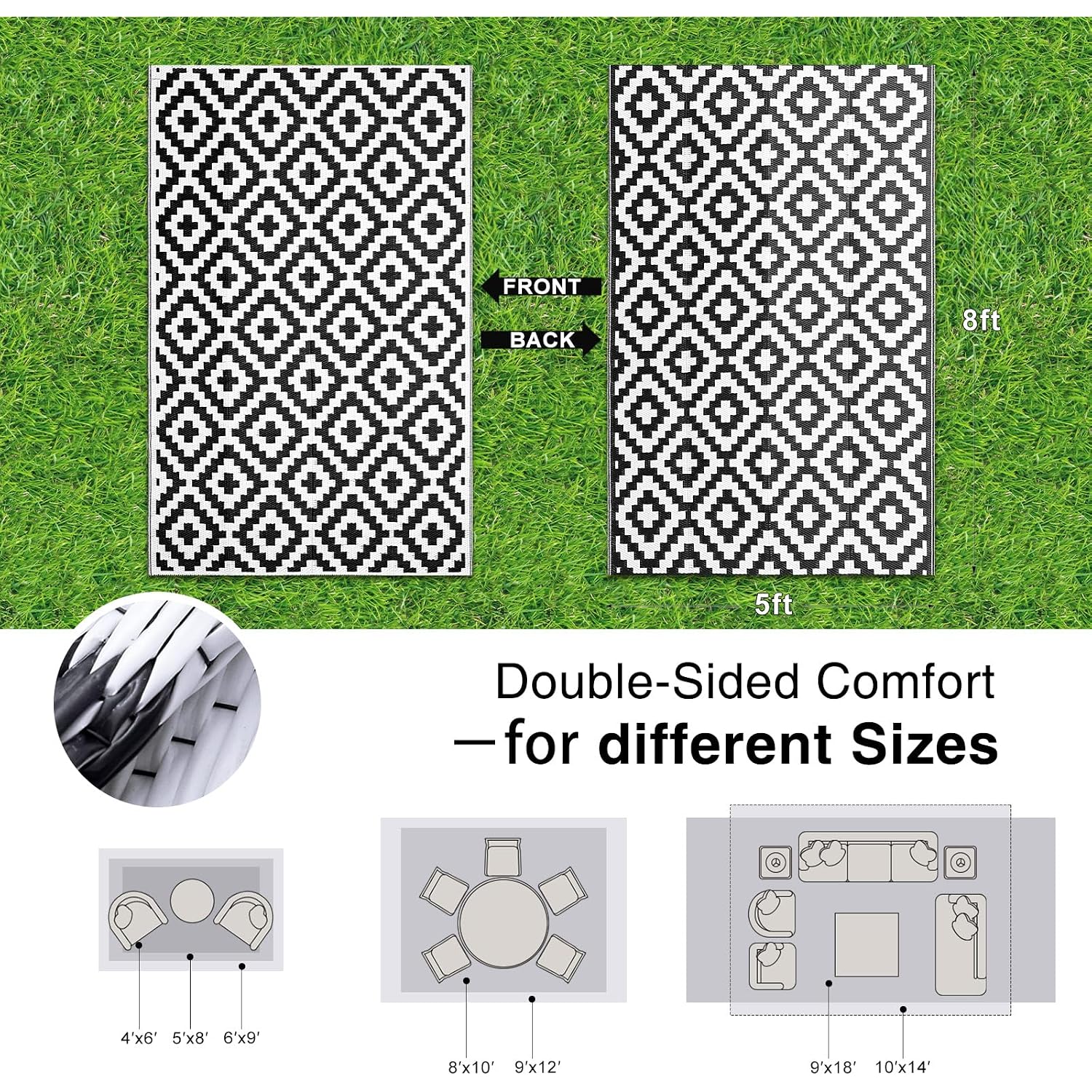 Olanly Waterproof Outdoor Rug 5X8 Ft, Outdoor Plastic Straw Rug For Camping, Rv Mat Outside, Indoor Outdoor Carpet For Porch, Deck, Backyard, Balcony, Picnic, Black & White