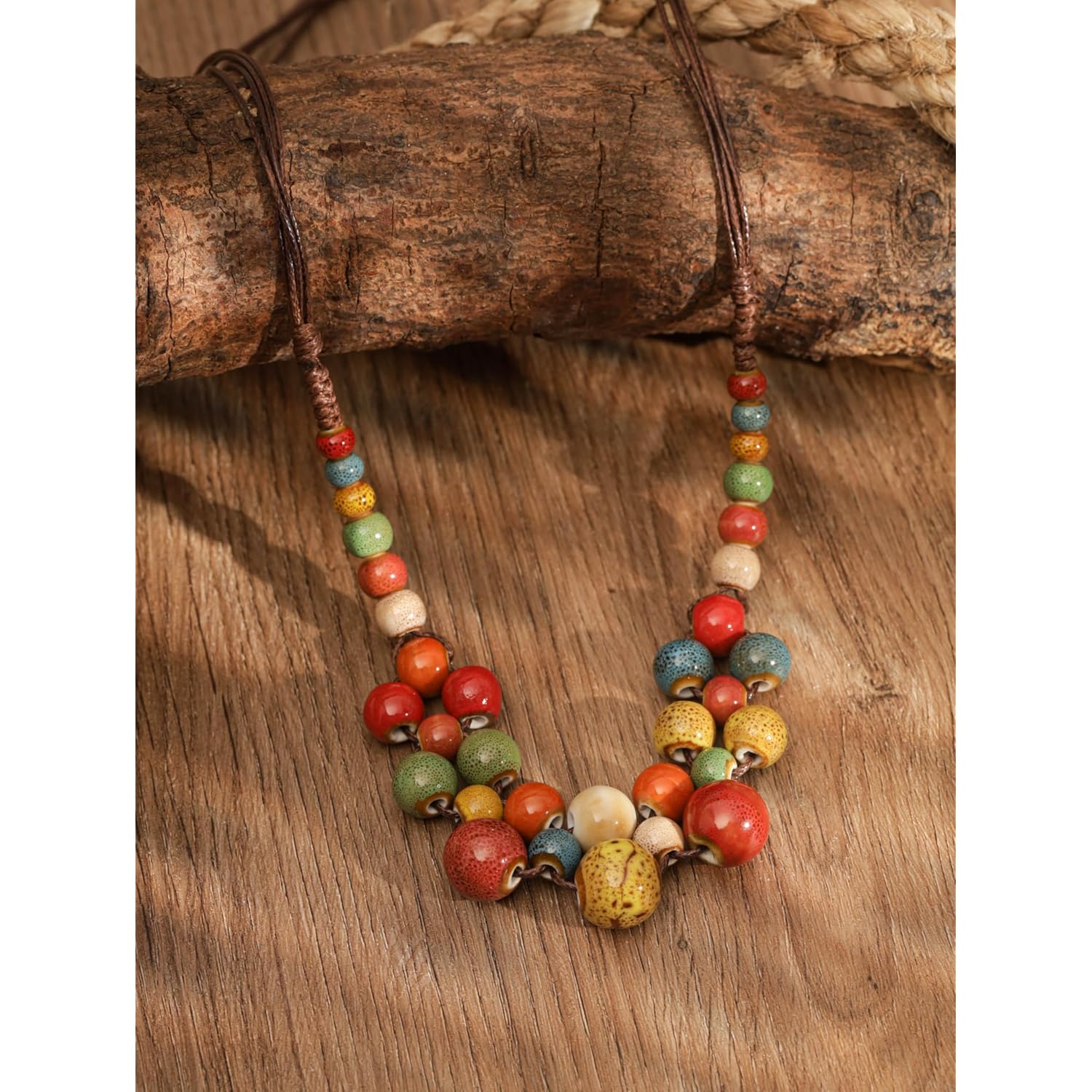 MINACHI Hippie Boho Colorful Ceramic Round Beads Strand Necklace, Bohemian Fashion Statement Jewelry Gift for Women