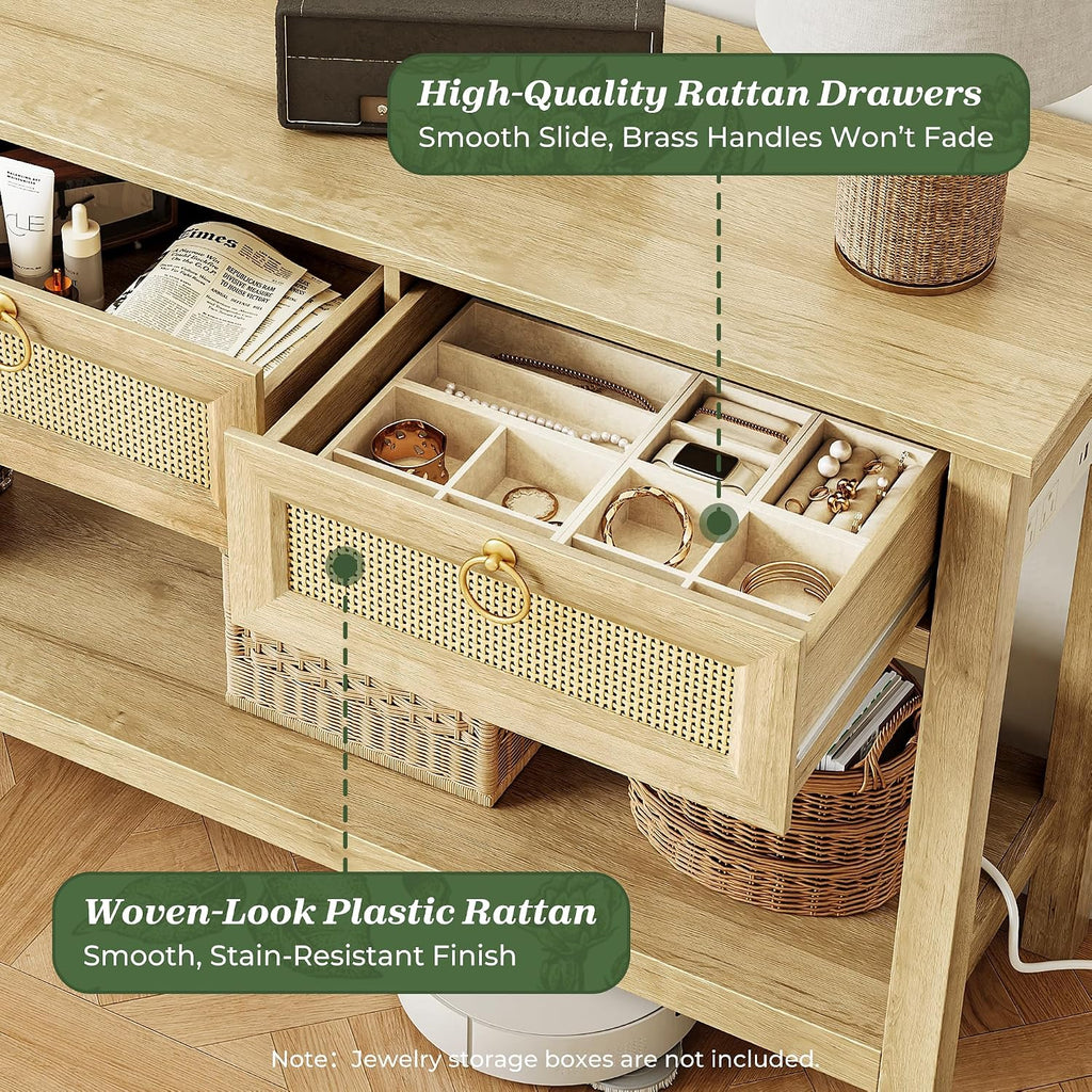 Superjare Rattan Console Sofa Table With Outlets And Usb-C Port, 3 Drawer Entryway Table With Synthetic Rattan Surface, Open Shelf, Behind Couch Entry Foyer Hallway Storage, Natural