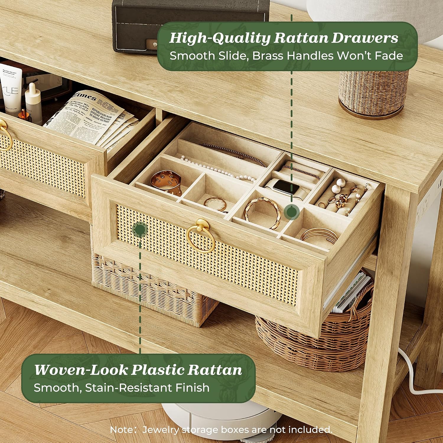 Superjare Rattan Console Sofa Table With Outlets And Usb-C Port, 3 Drawer Entryway Table With Synthetic Rattan Surface, Open Shelf, Behind Couch Entry Foyer Hallway Storage, Natural