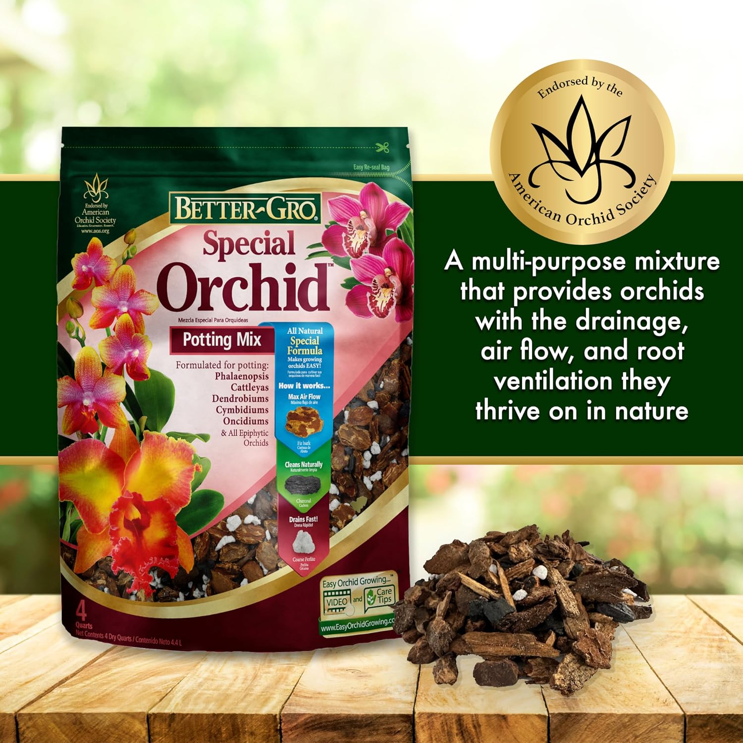 Better-Gro Special Orchid Mix - Premium Grade Orchid Bark Potting Mix For Potting, Repotting, Enhanced Drainage, Air Flow & Root Ventilation, Ideal For Phalaenopsis, Cattleyas, Dendrobiums - 4 Quarts
