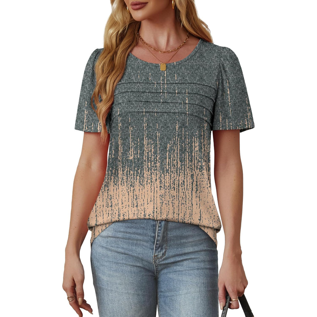 Womens T Shirts Short Sleeve Tops Dressy Casual Blouses Spring Summer Outfits Flowy Pleated Front Scooped Neck