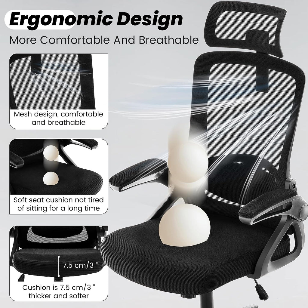 Fizzin Ergonomic Office Chair, 400 Lbs Computer Chairs With Adjustable Lumbar Support, Breathable Mesh Desk Chair Ergonomic With Thickened Cushion, Comfy Home Office Desk Chair (Black)
