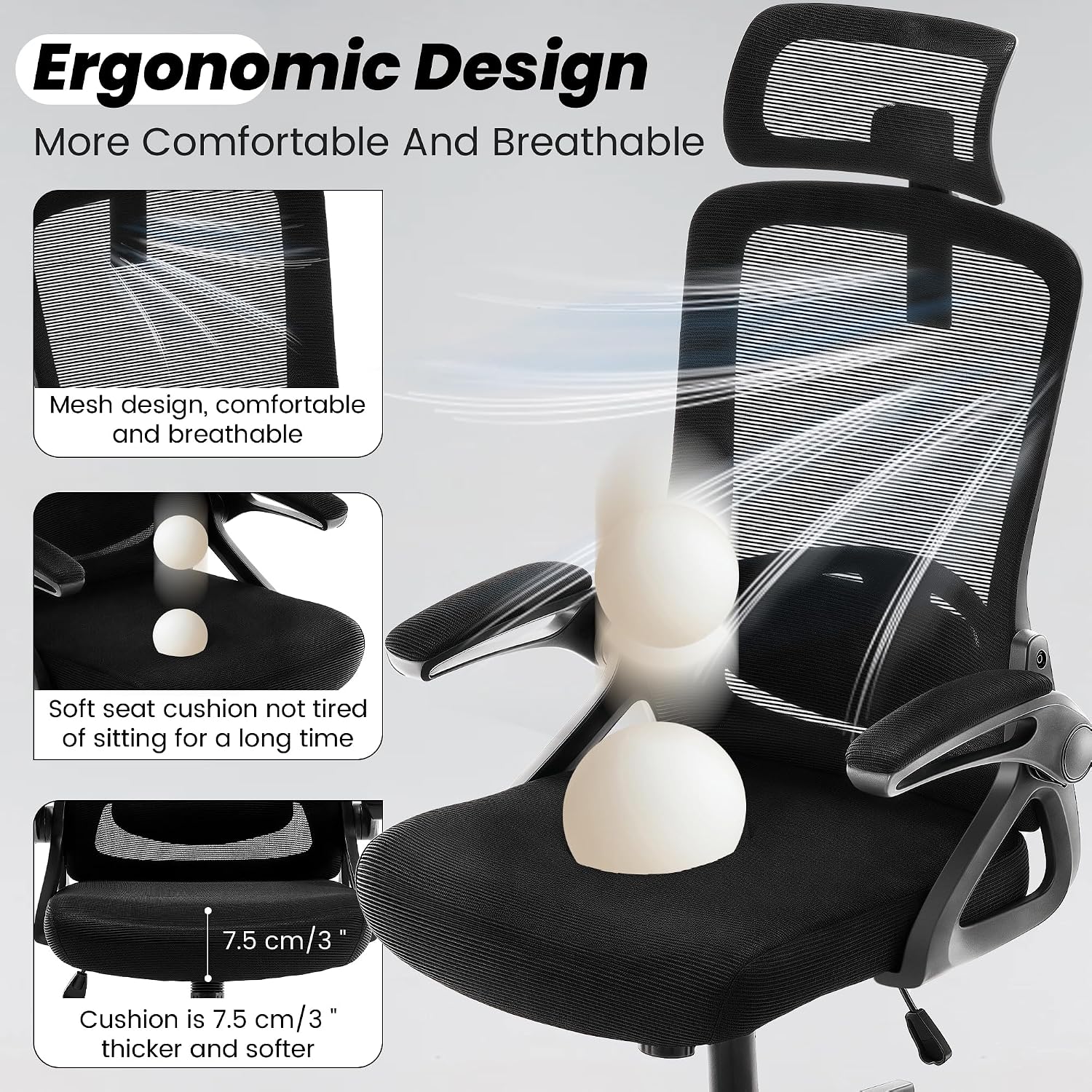 Fizzin Ergonomic Office Chair, 400 Lbs Computer Chairs With Adjustable Lumbar Support, Breathable Mesh Desk Chair Ergonomic With Thickened Cushion, Comfy Home Office Desk Chair (Black)