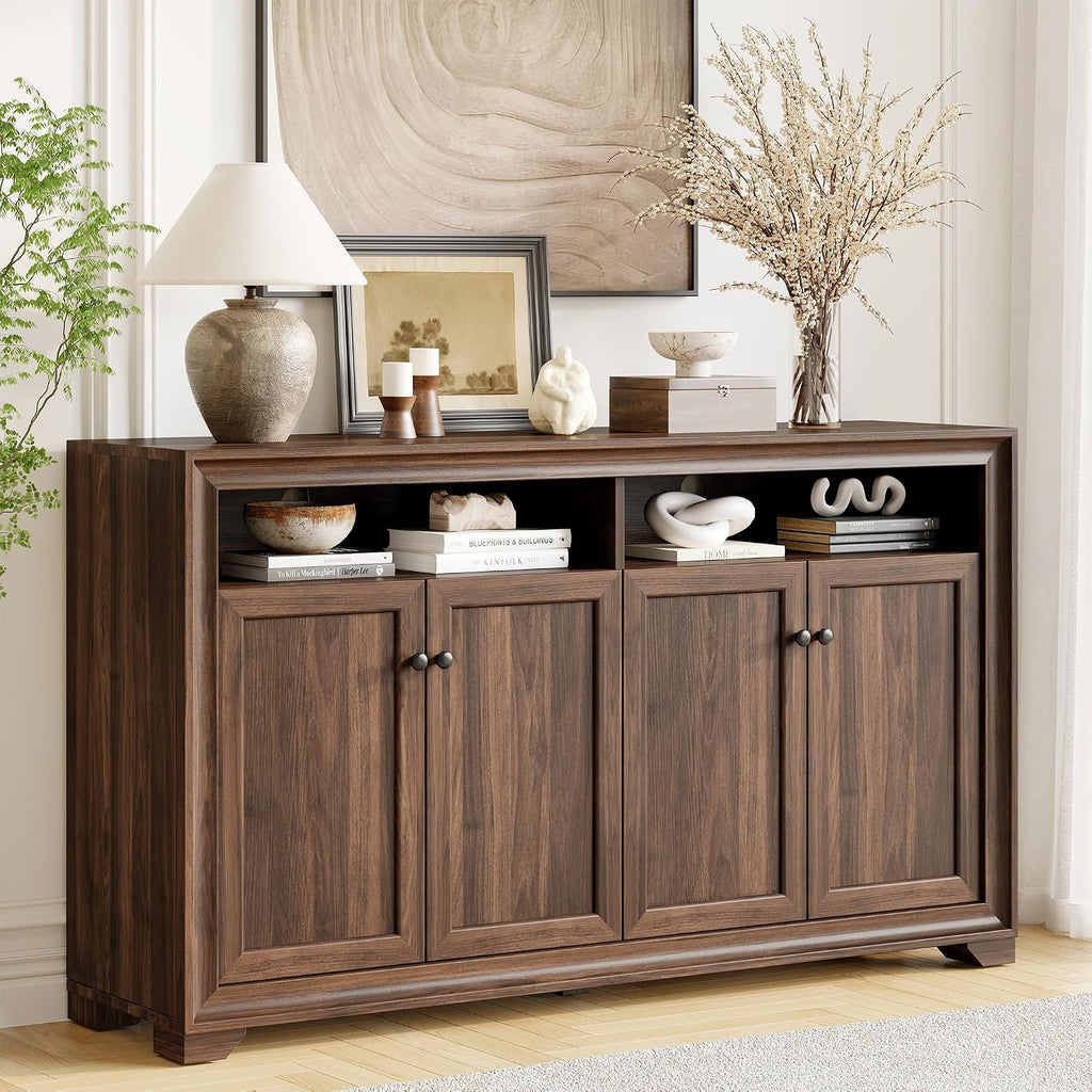 60 Inches Sideboard Buffet Cabinet With Storage, 4 Doors Large Sideboard, Kitchen Cabinet With Open Shelf & Adjustable Shelf, Kitchen Coffee Bar Console Table For Living Room, Hallway, Brown