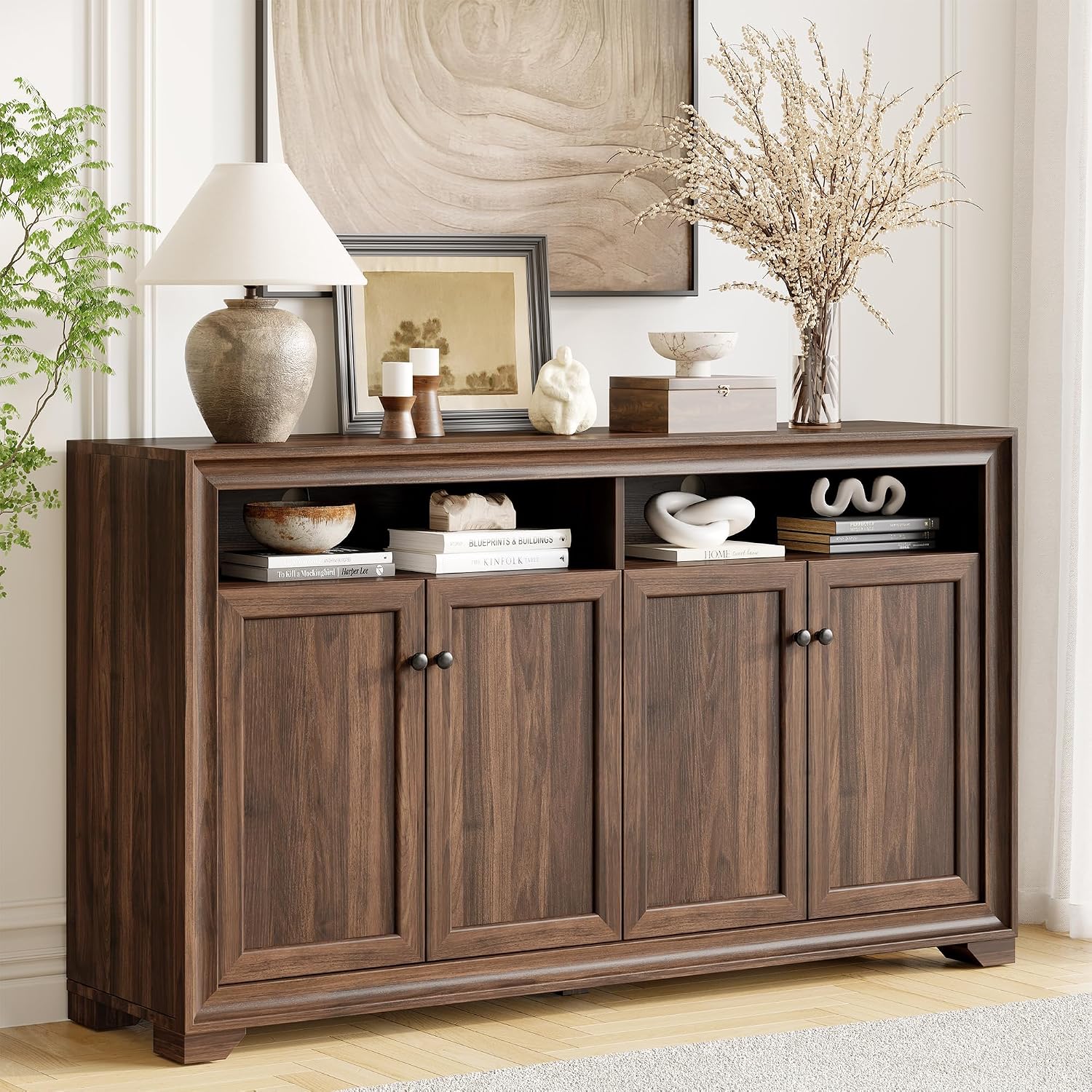 60 Inches Sideboard Buffet Cabinet With Storage, 4 Doors Large Sideboard, Kitchen Cabinet With Open Shelf & Adjustable Shelf, Kitchen Coffee Bar Console Table For Living Room, Hallway, Brown