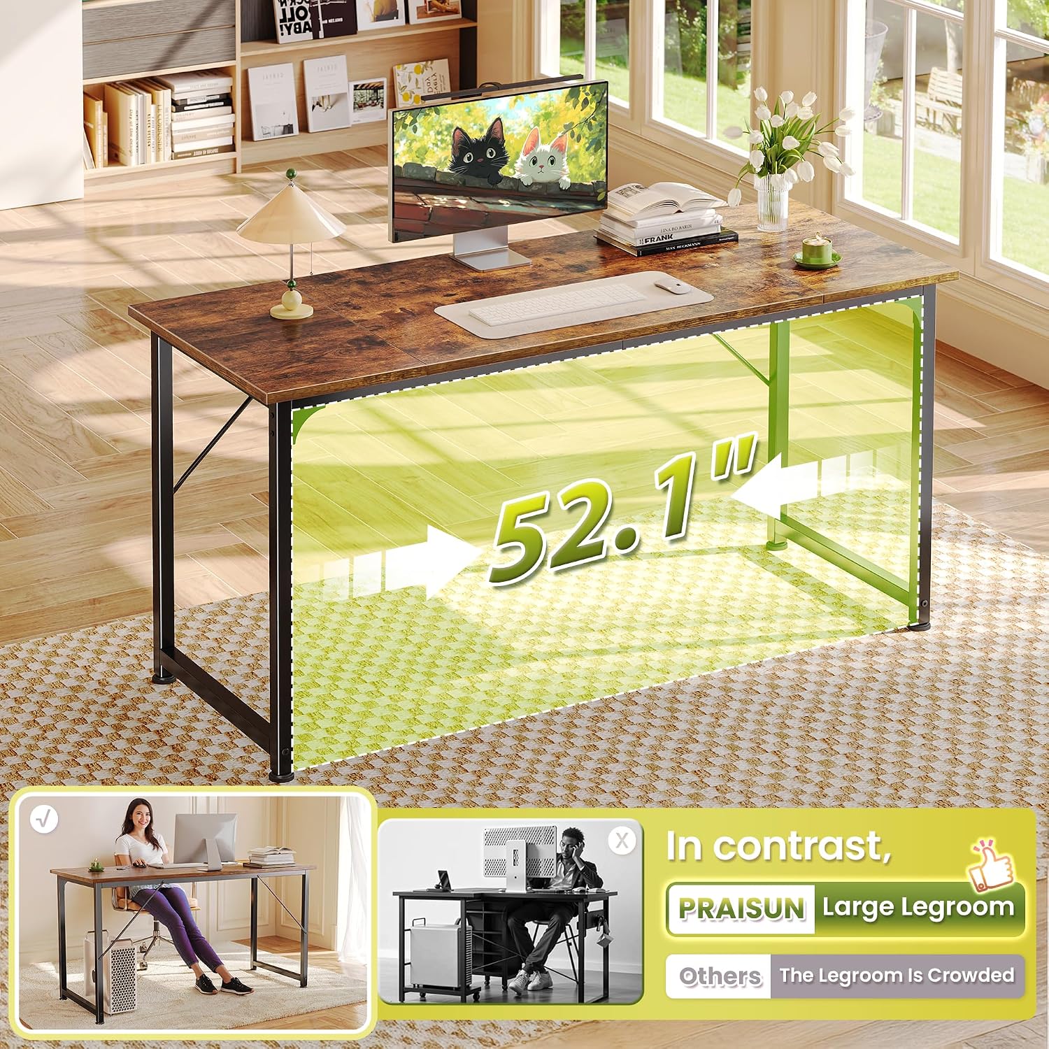55 Inch Computer Desk, Home Office Desk With Spacious Desktop, Rustic Brown
