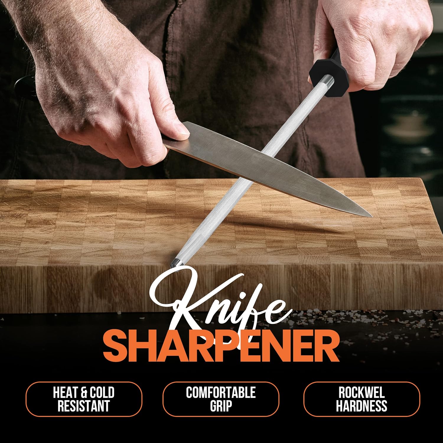 Utopia Kitchen Knife Sharpener Rod 12 Inch, Professional Honing Rod For Knife Sharpening With Hanging Hook, Black
