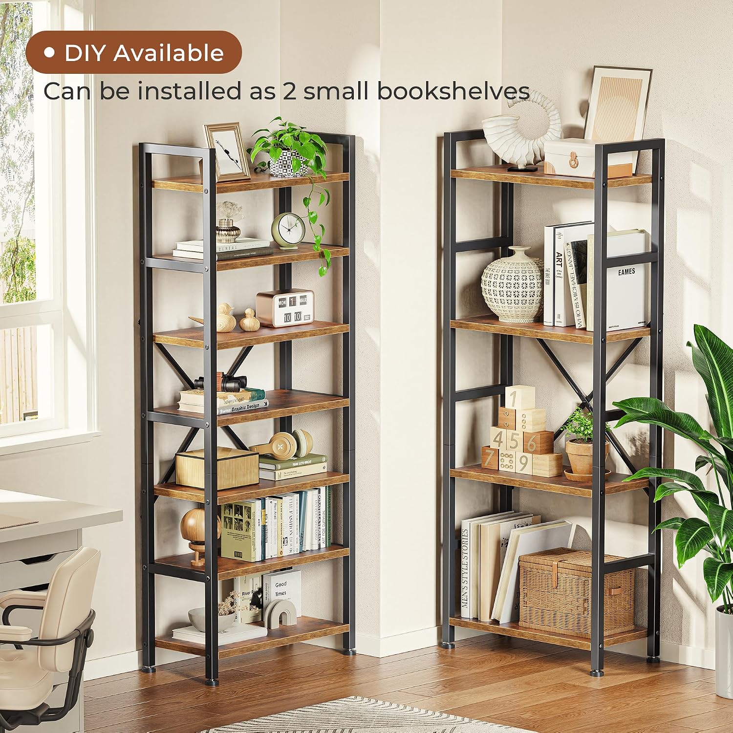 Superjare Triple Bookshelf, Bookcase With 11 Open Display Shelves, Wide Book Shelf Book Case For Home & Office, 4 Tier, Brown