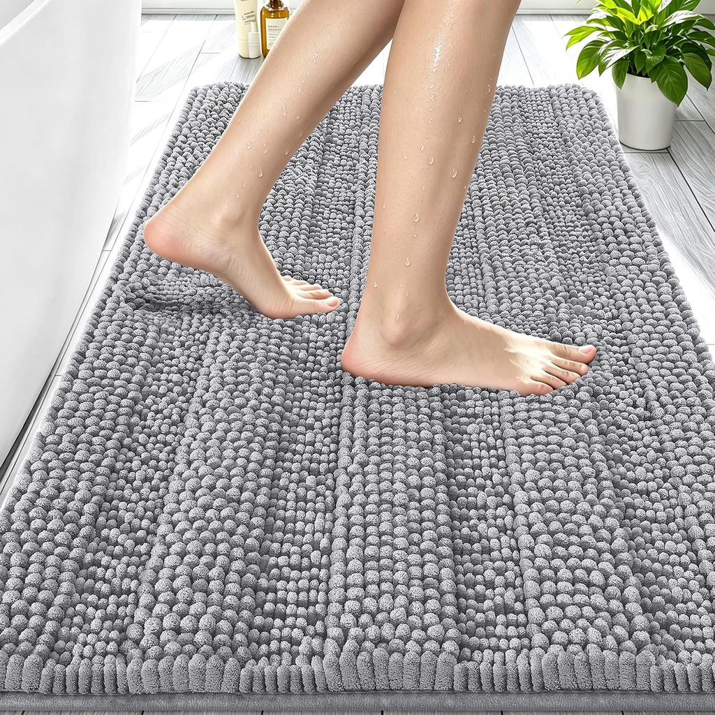 Smiry Thick Chenille Bathroom Rugs 30X20, Soft Absorbent Bath Mat, Grey | Quick‑Dry & Machine Washable, Non‑Slip Bath Carpet, Striped Bath Rugs For Tub & Shower, Modern Home Decor Accessories