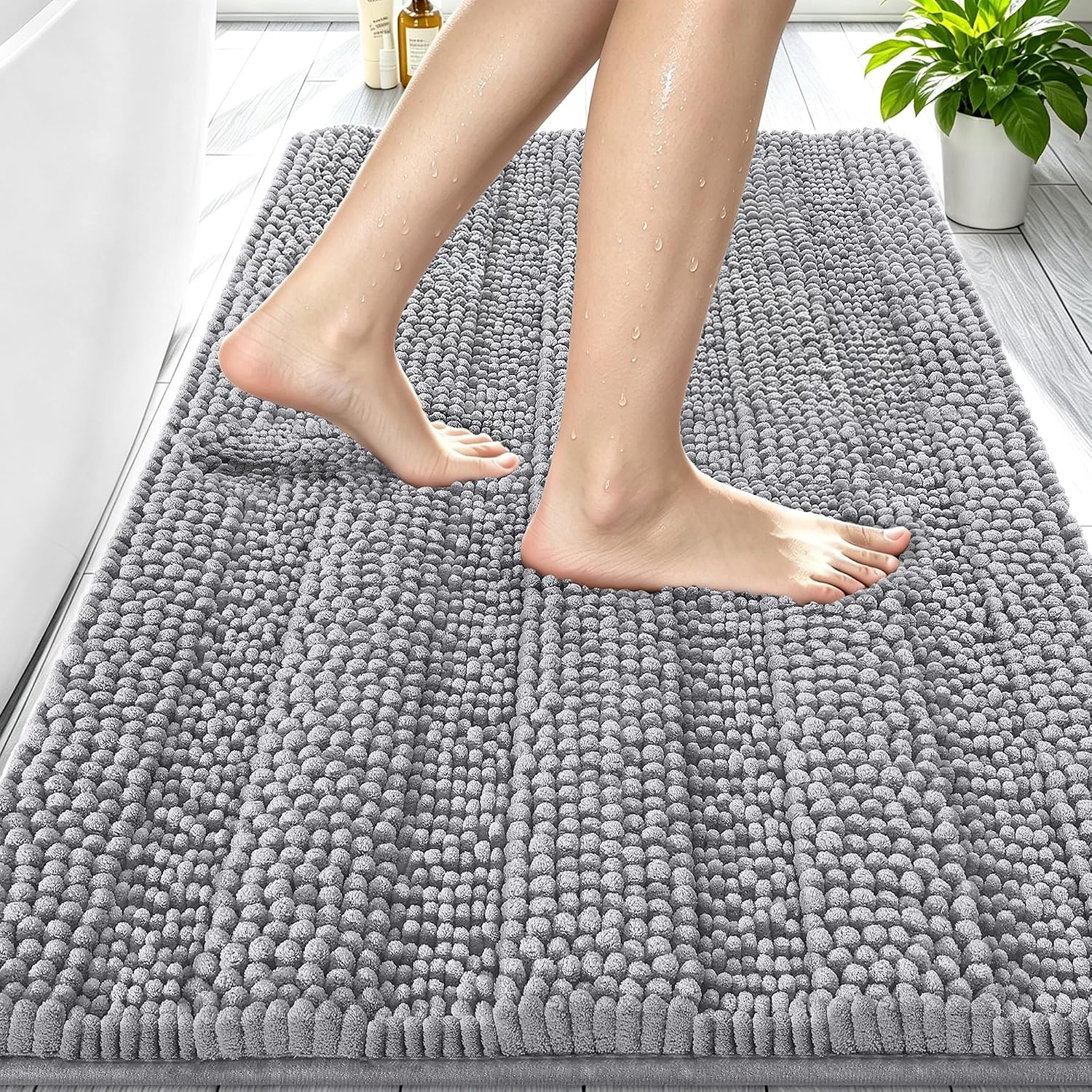 Smiry Thick Chenille Bathroom Rugs 30X20, Soft Absorbent Bath Mat, Grey | Quick‑Dry & Machine Washable, Non‑Slip Bath Carpet, Striped Bath Rugs For Tub & Shower, Modern Home Decor Accessories