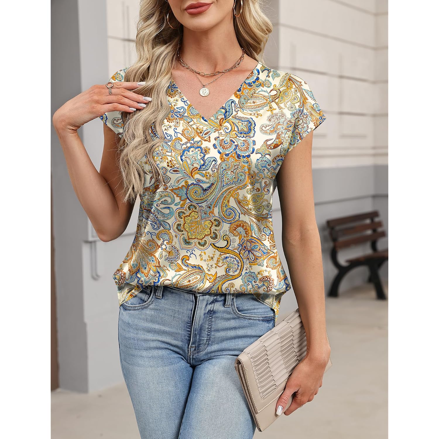 Lomon Women Silk Satin Tops Cap Short Sleeve Blouse V Neck Shirts Business Casual Outfits