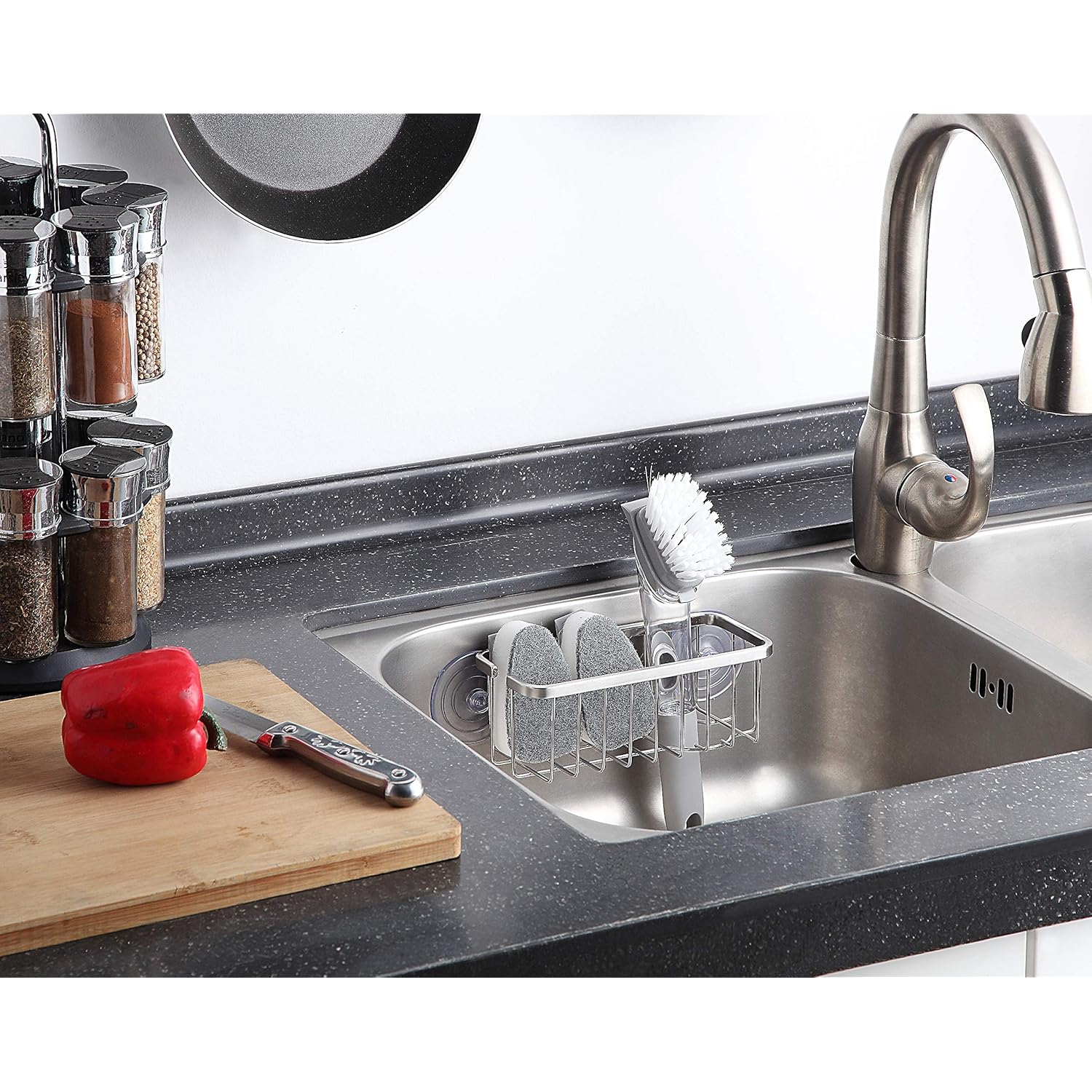 SunnyPoint NeverRust Deluxe Kitchen & Bathroom Sink Sponge Holder Organizer with Adhesive Mount - Additional Suction Cup Included – Sponge & Brush NOT Included – 7.4 x 3.3 x 2.75 Inch