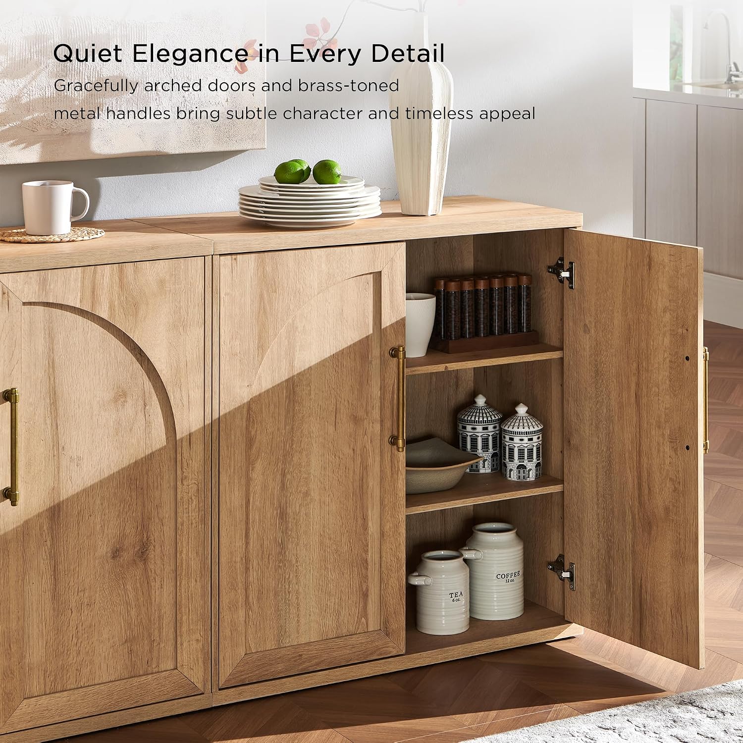 Arched Door Sideboard Buffet Cabinet Set Of 3, Natural Oak | Modular, Multi-Compartment Storage, Adjustable Shelf, Soft Close Hinges, Freestanding, For Dining Room, Living Room