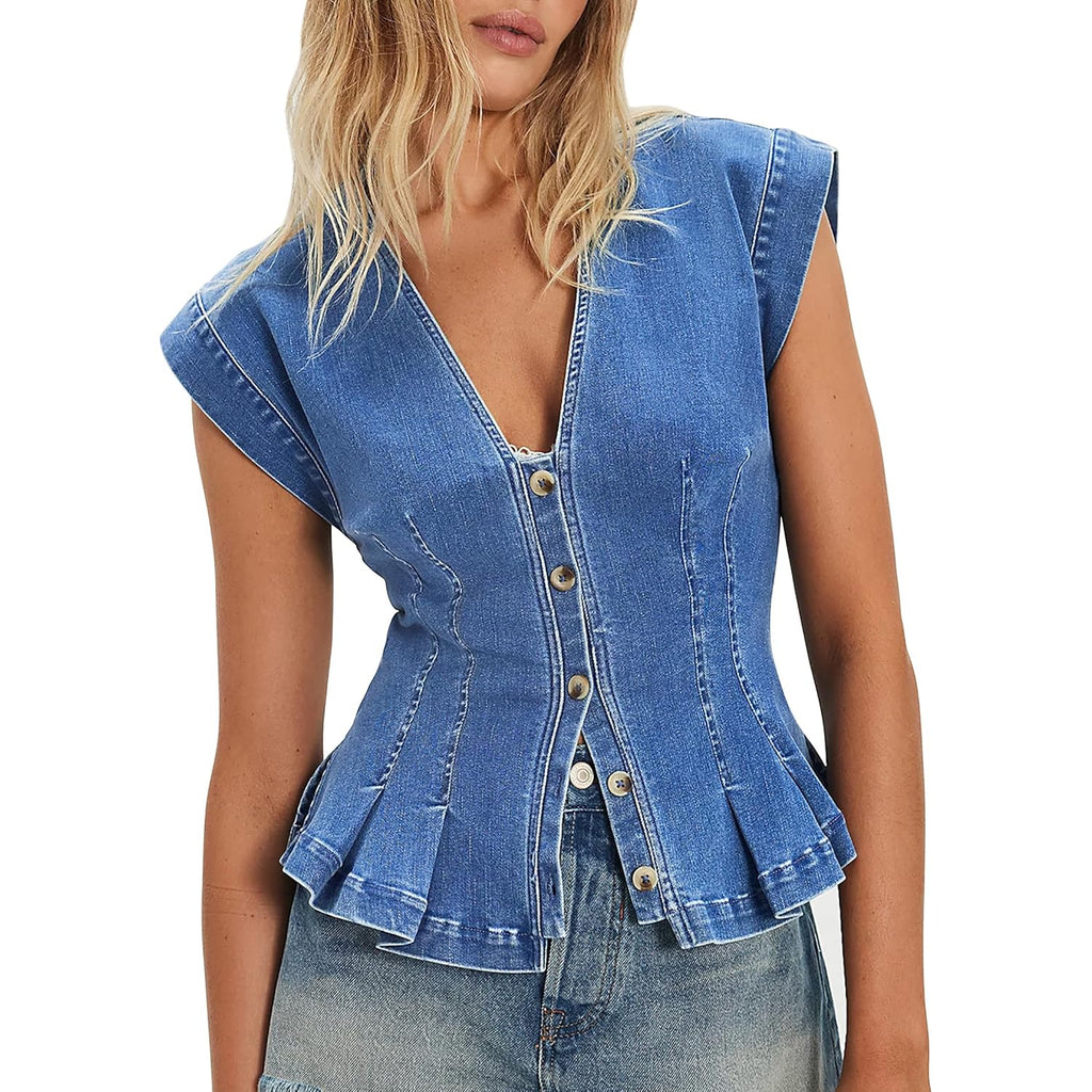 Women's Denim Vest Trendy 2026 Cap Sleeve Deep V Neck Button Down Jean Vest Tops for Women Summer Crop Waistcoat