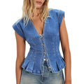 Women's Denim Vest Trendy 2026 Cap Sleeve Deep V Neck Button Down Jean Vest Tops for Women Summer Crop Waistcoat