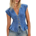 Women's Denim Vest Trendy 2026 Cap Sleeve Deep V Neck Button Down Jean Vest Tops for Women Summer Crop Waistcoat