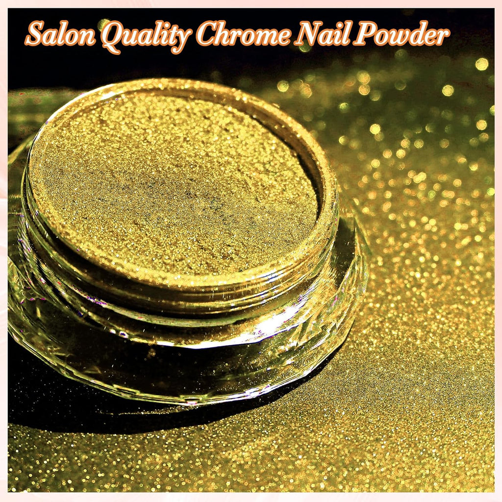 FNNZ Chrome Nail Powder, Champagne Gold Metallic Nail Powder, Pigment Premium Mirror Chrome Nail Powder Mirror Effect Salon Nail Art Glitter Dust for Gel Polish Decoration Home DIY Nail Manicure