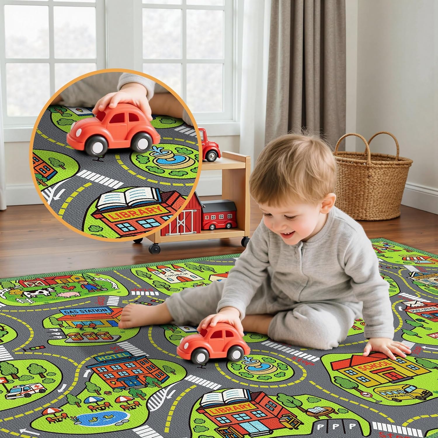 Upgrade Ultra Non Slip Kids Car Rug, Kids Road Playmat Rug for Toy Cars, Educational Town City Map Washable Carpet for Boy Playroom Bedroom, Safer Car Track Play Mat for Children Baby Toddler, 60"x36"