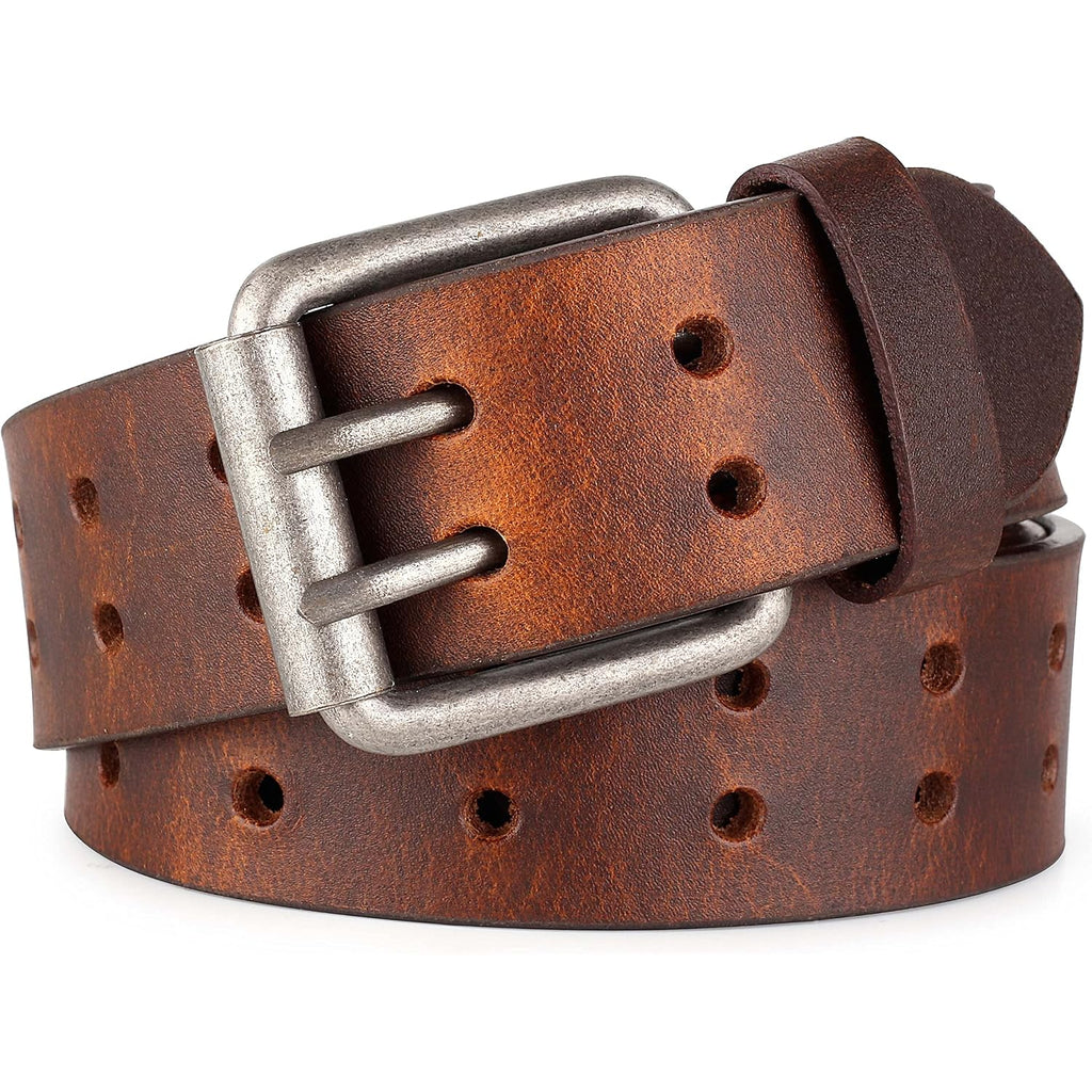 F&L Classic Leather Work Belt, Heavy Duty Double Prong Full Grain Leather Belts For Men 1 1/2", Mens Casual Belts For Jeans