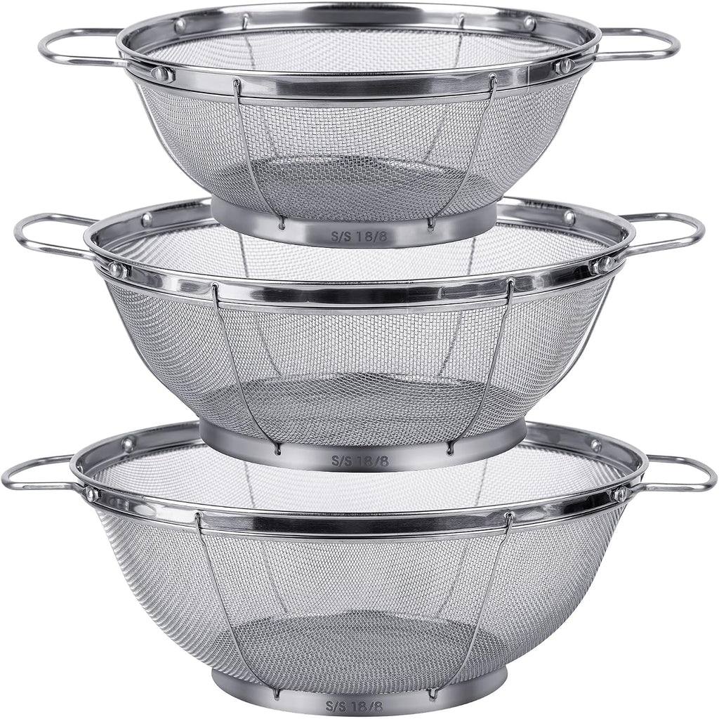 3 Pack 18/8 Stainless Steel Colander Sieves(5-Quart, 4-Quart And 3-Quart), Mesh Strainer Net Baskets With Handles & Resting Base For Strain, Drain, Rinse Or Steam
