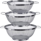 3 Pack 18/8 Stainless Steel Colander Sieves(5-Quart, 4-Quart And 3-Quart), Mesh Strainer Net Baskets With Handles & Resting Base For Strain, Drain, Rinse Or Steam