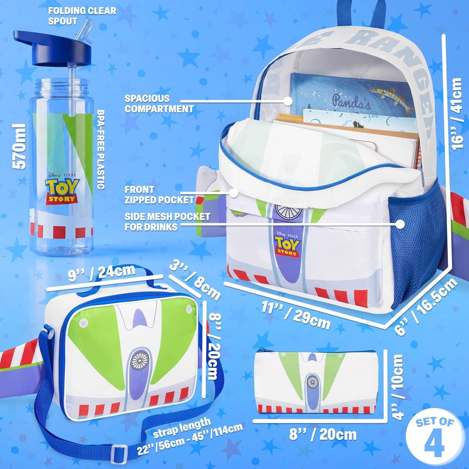 Get Trend Disney Toy Story Boys 4 Pc Backpack Set With Buzz Lightyear Lunch Bag Water Bottle Pencil Case, Gifts For Boys (Multi Buzz)