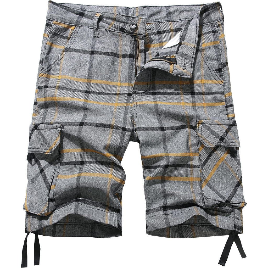 Novocct Cargo Short For Men 10" Inseam Relaxed Fit Plaid Outdoor Hiking Work Stretch Cotton Casual Shorts With Multi-Pocket