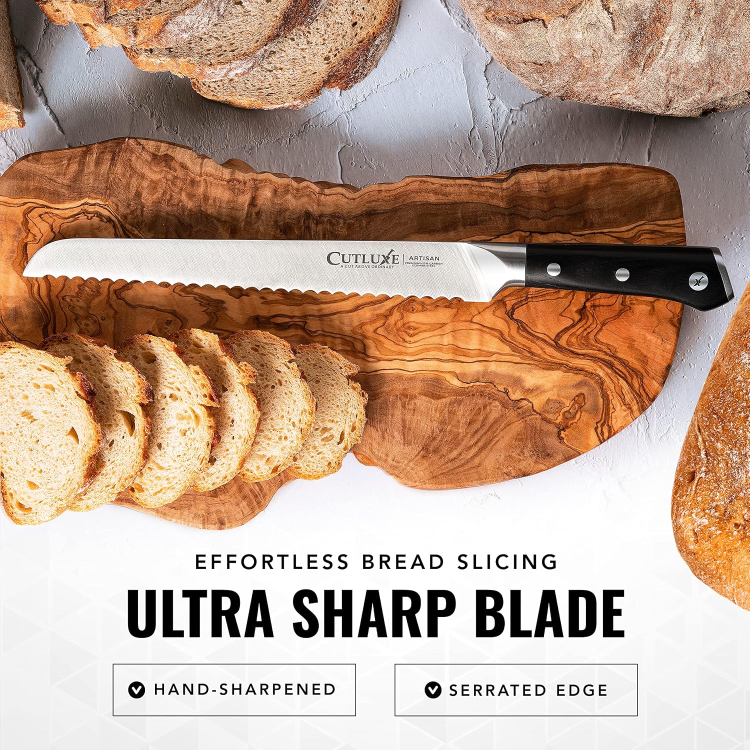 Cutluxe Bread Knife – 10" Serrated Knife For Homemade, Sourdough Bread – Forged High Carbon German Steel – Full Tang & Razor Sharp – Ergonomic Handle Design – Artisan Series